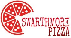 the logo for swarthmore's pizza is red and white with dots on it