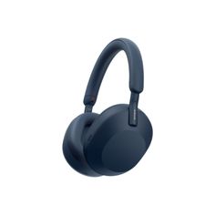 the blue headphones are on display in front of a white background and there is no image to describe