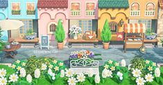 an animated city with lots of flowers and buildings