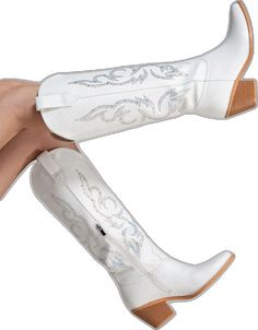 White Boots For Summer Rodeo, White Summer Boots For Rodeo, White Summer Rodeo Boots, Western Boots With Rhinestones For Spring, Rhinestone Boots With Round Toe For Rodeo, White Rhinestone Boots For Fall, White Western Style Summer Boots, White Rhinestone Boots For Spring, White Western Party Boots