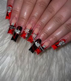 Long Nail Inspo Baddie Design, Red And Black Junk Nails, Red Freestyle Nails, Red Junk Nails, Red Nail Sets, Acrylic Nail Set, Red Acrylic Nails, Long Acrylic Nail Designs