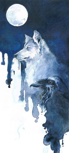 a painting of a wolf looking at the moon