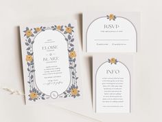 the wedding stationery is laid out on top of each other