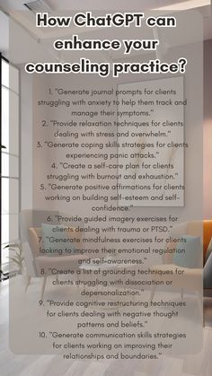 Pin Title: "10 Powerful ChatGPT Prompts for Mental Health Therapists" Pin Description: "Discover lesser-known yet highly effective ChatGPT prompts designed for mental health therapists. From coping skills strategies to relaxation techniques, these prompts will empower therapists to support their clients' mental well-being.  #mentalhealth #therapists #mentalwellness #copingstrategies #relaxationtechniques #mentalhealthsupport" Therapist Organization Ideas, Calming Strategies For Adults, Self Care For Therapists, Therapist Social Media Content, Clinical Mental Health Counseling, Group Topics For Mental Health, Child Therapist Aesthetic, Therapist Organization, Therapist Questions