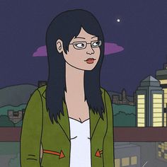 a woman with long black hair and glasses standing in front of a city at night