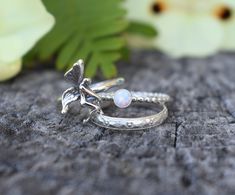 "Fairy Ring & Opal set of three details: -Solid .925 sterling silver -Fairy measures 20mm x 10mm on a smooth 1.4mm ring band. -4mm fire opal on 1.2mm bead band -Boho floral pattern band/3mm width -Available in US sizes 1-12 with half sizes. -Darkened Oxidized option in the drop down menu. *Single Fairy Ring here: https://www.etsy.com/listing/793926550/fairy-ring-forest-fairy-ring-silver?ref=shop_home_active_2&frs=1: Looking for a last minute or unique Christmas gift? Visit our \"READY TO Delicate Silver Opal Ring In Sterling Silver, Whimsical Sterling Silver Rings For Gifts, Whimsical Sterling Silver Ring As Gift, Whimsical Sterling Silver Ring Gift, Whimsical Sterling Silver Ring For Gift, Silver Whimsical Jewelry For Promise Ring, Whimsical Silver Promise Ring Jewelry, Whimsical Silver Wedding Rings, Forest Ring