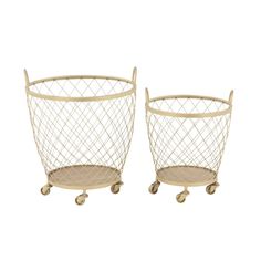 two metal wire baskets on wheels with wheels and handles, each holding a small basket