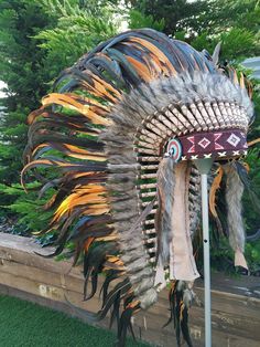 Medium Indian Headdress Replica made with Orange and black rooster feathers and beaded work in the f Ostrich Feather Trim Headpieces For Festivals, Festival Ostrich Feather Trim Headpiece, Festival Headpiece With Ostrich Feather Trim, Black Rooster, Indian Headdress, Rooster Feathers, Native American Pictures, Real Turquoise, Costume Hats