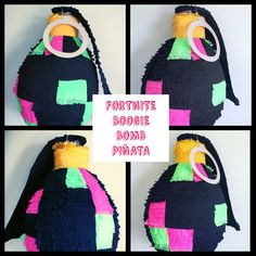 four different images of a bag made out of paper and yarn with the words fortnite doobie bomb pinata on it