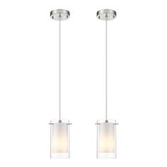 two lights hanging from the ceiling with white glass and chrome finish, one light on each side