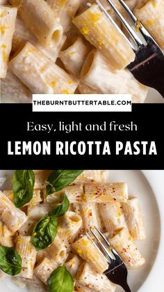 lemon ricotta pasta with basil leaves on top and the title overlay reads easy light and fresh lemon ricotta pasta