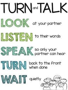 a poster with the words turn and talk written in different font styles on it's side