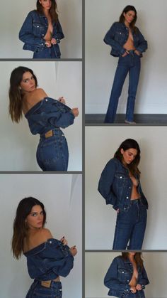 a collage of photos showing the different angles of a woman's jean jacket