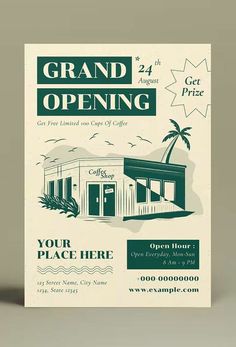 a flyer for a grand opening with an image of a small building and palm tree