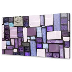 a purple and white mosaic tile wall hanging on a gray wall with the words canvas unique