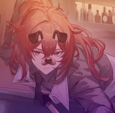 an anime character with long red hair sitting in front of some bottles and looking at the camera