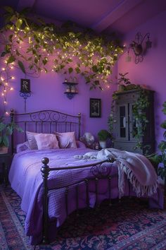 a bedroom with purple walls and plants growing on the wall above the bed, along with hanging lights