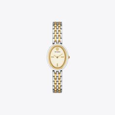 Elegant and feminine, an oval dial in two-tone stainless steel pairs with a classic link bracelet. A sophisticated and jewelry-like style that can be worn every day or with formal attire. Classic Yellow Gold Oval Watch, Classic Oval Yellow Gold Watch, Classic Oval Gold Watches, Elegant Oval White Gold Watch, Oval Watch, Womens Designer Watches, Formal Attire, Minimal Design, Leather Band