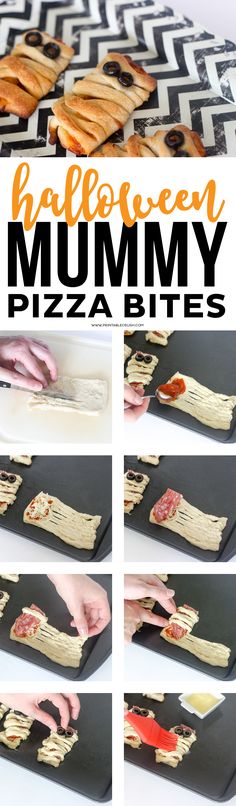 the process for making homemade halloween mummy pizza bites is shown in four different pictures