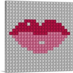 a pink lips pattern on a gray background with white squares and dots in the shape of hearts