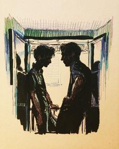 a drawing of two people standing next to each other in front of a mirror with the reflection of them