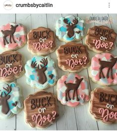 decorated cookies with deer and buck on them are arranged in the shape of letters that read buck or doe?