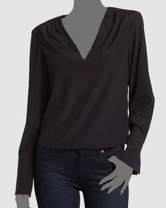 Trendy Fashion $378 Frame Women's Black Silk V-Neck Pleated Long Sleeve Blouse Top Size S, Women's Cothing V-neck Office Tops For Fall, V-neck Tops For Office Wear In Fall, Elegant Black V-neck Long Sleeve Top, Stretch V-neck Top For Work, Elegant Fitted Top With Split Neck, Elegant Stretch V-neck Long Sleeve Top, Black V-neck Top For Workwear In Fall, Black V-neck Top For Fall Workwear, Fall Split Neck Tops For Workwear