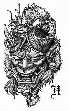 Owl Drawing Tattoo, Tattoo Designs Lion, Tattoo Design Polynesian, Hannya Maske Tattoo, Oni Maske, Flowers Tattoo Design, Oni Mask Tattoo, Hannya Mask Tattoo