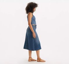 High Rise A-line Skirt - Medium Wash | Levi's® US Denim Blue Midi Denim Skirt For Summer, Denim Blue Midi Length Skirt For Summer, Summer Midi-length Denim Skirt, Casual Midi Length Denim Blue Bottoms, Casual Denim Blue Midi Bottoms, Levi's Spring Denim Skirt, Fitted Levi's Denim Skirt In Medium Wash, High Rise Levi's Denim Skirt For Summer, Levi's High Rise Summer Skirt