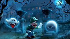 an image of mario and luigi in the woods at night with ghosty lights behind them