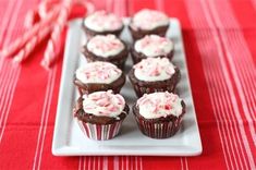 chocolate cupcakes with white frosting and candy canes on a red tablecloth