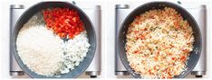 two pans filled with rice and red peppers next to each other on top of a stove