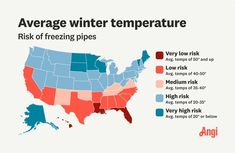 Average winter temperature risk of freezing pipes map, with Louisiana, Florida, and Hawaii being very low risk Water Drip, Water Can, In The Winter, The Winter, Faucet