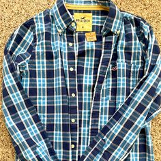 Nwt Blue Plaid Hollister Button Down Shirt. Preppy Blue Top For Work, Fall Blue Shirt With Snap Buttons, Blue Shirt With Snap Buttons For Fall, Blue Button-up Top With Snap Buttons, Blue Snap Button-up Tops, Blue Casual Tops With Button Closure, Casual Blue Top With Button Closure, Blue Tops With Snap Buttons For Fall, Blue Snap Button Tops For Fall