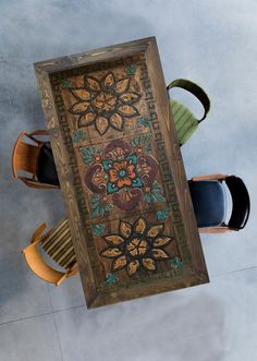 an overhead view of a table and chairs