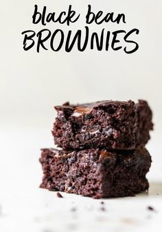 chocolate brownies stacked on top of each other with the words black bean brownies above them