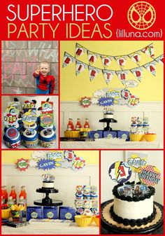 a collage of photos showing the theme for a superhero birthday party with cupcakes, cake and decorations