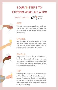 Four S Steps to Tasting Wine Like a Pro: See, Swirl, Smell and Sip! Wine Events Ideas, Wine Tasting Ideas Events, Wine Tasting Notes Printable, Wine Tasting Party At Home, Wine Tasting Sheet, Diy Wine Tasting, Galentines Night, Birthday Loading, Blind Wine Tasting Party