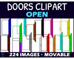 an open door with the words doors clipart open in blue and green on it