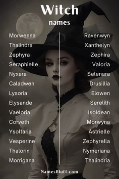 the witch names are shown in black and white, with an image of a woman wearing a