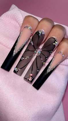 Notpolish-Thao posted on Instagram: “139-Second Nude and CC1002 Black Licorice, gel liner art, matte it topcoat and non curve coffin…” • See all of @notpolish_thao's photos and videos on their profile. Saggitarius Nail Designs, 21st Birthday Acrylic Nails, Black And Silver Nails Acrylic, Dope Nail Designs Swag, Queen Acrylic Nails, Black Rhinestone Nails, Long Acrylic Nail Designs, Goth Nails, Grunge Nails