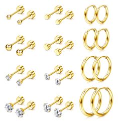 PRICES MAY VARY. 【Earrings Sets for Multiple Piercing】One order includes 4 pairs small huggie hoop earrings, 2 pairs dot earrings,2 pairs ball earrings and 4 pairs CZ flat back earrings. Suitable for first hole, second hole, third hole. Can be used as cartilage hoop earring, helix piercing jewelry. Match yourself style. 【Size Details】 Small hoop earrings Dia:6/8/10/12mm. Thickness is 1.6mm(0.06 in). CZ ball dot Dia: 2/3mm. Gague is 0.8mm(20G). This cartilage stud hoop earrings set are super cute Helix Piercings, Helix Piercing Jewelry, Dot Earrings, Small Gold Hoop Earrings, Earrings Sets, Cartilage Stud, Small Gold Hoops, Earring Sets, Cartilage Earrings Hoop