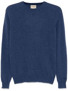 cobalt blue wool knitted construction crew neck long sleeves embroidered logo at the sleeve ribbed cuffs and hem Classic Wool Crew Sweater, Classic Wool Crew Neck Sweater, Classic Crew Neck Wool Sweater, Wool Sweater With Ribbed Crew Neck, Wool Sweater With Ribbed Collar And Crew Neck, Blue Cashmere Sweater With Ribbed Collar, Crew Neck Polo Sweater For Winter Workwear, Merino Wool Polo Sweater With Ribbed Crew Neck, Merino Wool Polo Sweater With Ribbed Collar