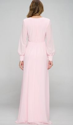 This gorgeous gown is ready to be worn to your most fabulous of events. Runs true to size. Sheer sleeve with crystal button details. Pink Long Sleeve Dress, Light Pink Dress, Maxi Gown, Crystal Buttons, Maxi Gown Dress, Bridesmaids Dress, Pink Long Sleeve, Maxi Gowns, Gown Dress