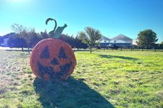 a large pumpkin sitting in the middle of a field with a face drawn on it