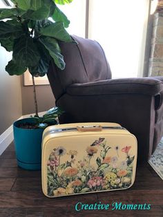 a suitcase sitting on top of a wooden table next to a potted plant