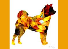 a dog made out of flowers on a white background with an orange border around it