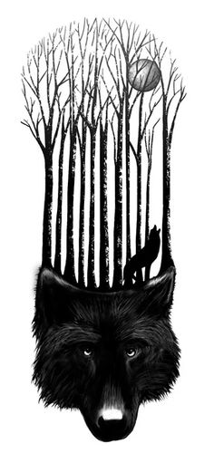 a black and white drawing of a wolf's head surrounded by trees