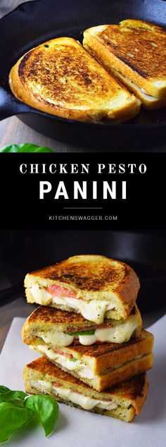 grilled chicken pesto panini is stacked on top of each other in a cast iron skillet