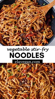 stir fry noodles in a skillet with vegetables on top and the words vegetable stir fry noodles